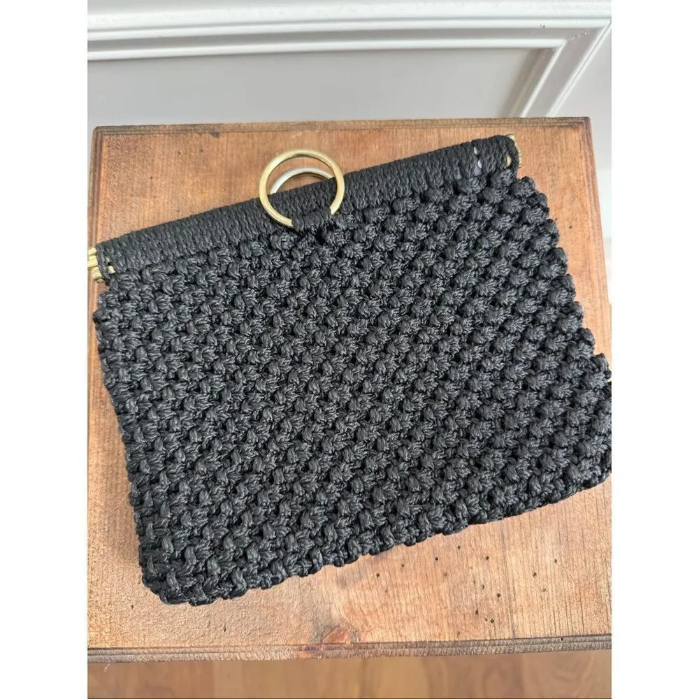 Vintage Black Macrame Clutch Gold Ring 8” x 6”